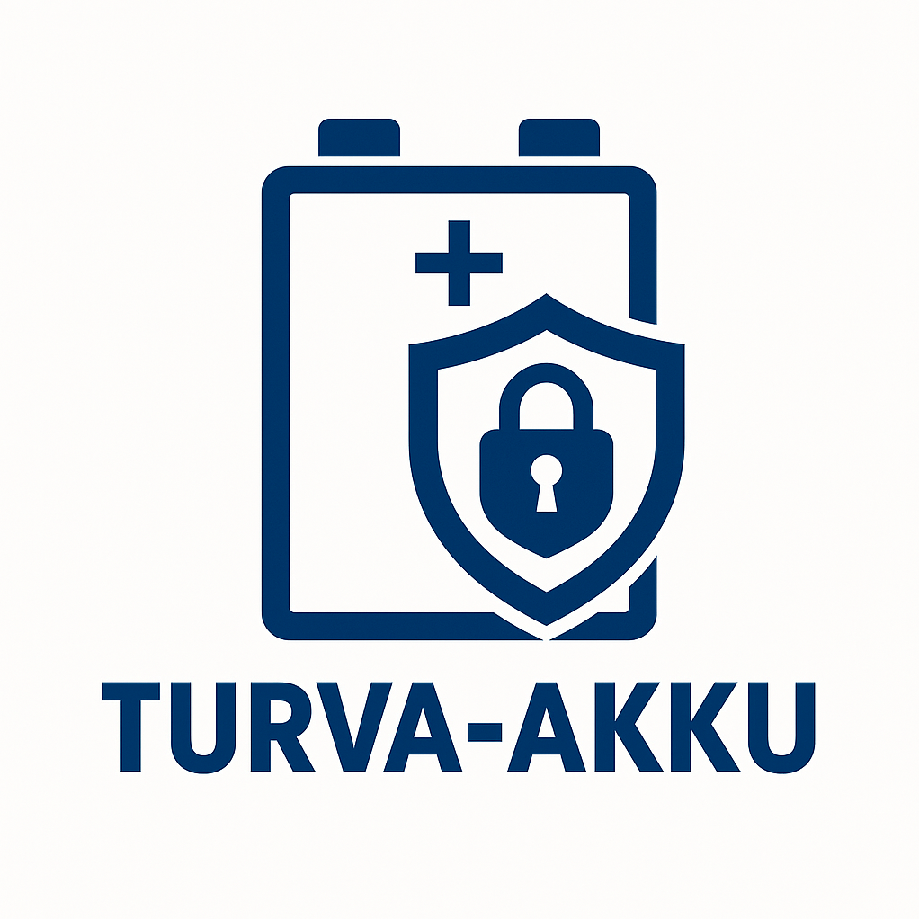 Sininen akkukuvake, jossa on plus-merkki ja osittain riippulukkosymbolilla varustetun kilven peittämä. Kuvan alapuolella on teksti TURVA-AKKU lihavoituna sinisin kirjaimin.